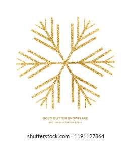 Gold glitter texture snowflake isolated on white background. Vector illustration.