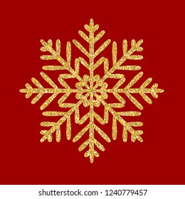 Gold glitter texture snowflake isolated on Red background. Vector illustration.