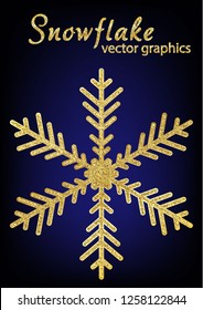 Gold glitter texture snowflake isolated on dark background. 