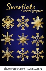 Gold glitter texture snowflake isolated on dark background. 