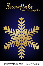 Gold glitter texture snowflake isolated on dark background. 