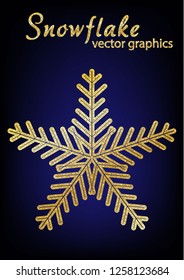 Gold glitter texture snowflake isolated on dark background. 