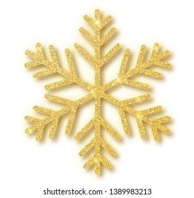 Gold glitter texture snowflake isolated on white background. Vector illustration.
