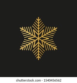 Gold glitter texture snowflake isolated on black background. Object for new year and merry christmas festival.poster,brochure.card. Vector illustration