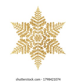 Gold glitter texture snowflake isolated on white background. Vector illustration.