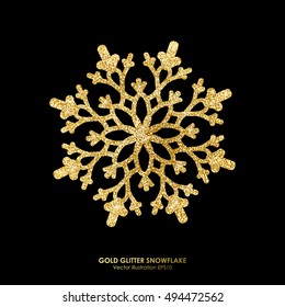 Gold glitter texture snowflake  isolated on black background.. Vector illustration.