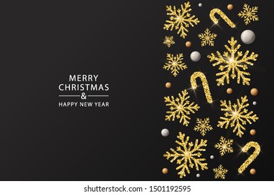 Gold glitter texture snowflake on Merry Christmas banner with lettering text and candy. Background Xmas design. New year lights. Poster, greeting cards