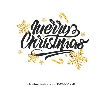Gold glitter texture snowflake on Merry Christmas banner with lettering text. Background Xmas design. New year lights. Poster, greeting cards