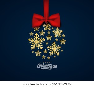 Gold glitter texture snowflake on Merry Christmas banner with lettering text. Background Xmas design. New year lights. Poster, greeting cards