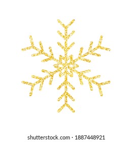 Goldene glitzernde Textur Schneeflocke auf weißem Hintergrund für Weihnachtsbaumdekoration, Vektorgrafik, Illustration.