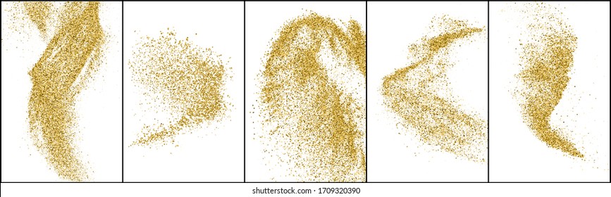 Conjunto de textura de deslumbrador de oro aislada en blanco. Color de partículas ámbar. Fondo de solidez. Explosión Dorada De Confetti. Ilustración Del Vector, Eps 10.