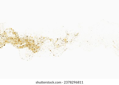Goldene glänzende Textur, weißer Hintergrund. Goldpartikel in Form eines abstrakten Wellenstroms.
