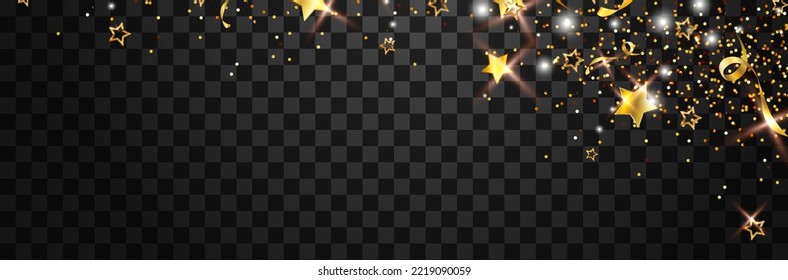 La textura de brillo dorado y las luces brillantes blancas tienen efecto con confeti. La magia de estrella dorada vectorial brilla aislada en un fondo transparente.  Diseño de tarjeta de saludo con brillo festivo