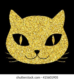 Gold glitter textured cat muzzle isolated over black background. Vector illustration design element.
