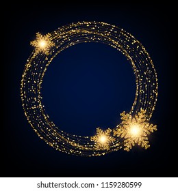 Gold glitter textured round christmas frame design with sparkling golden snowflakes