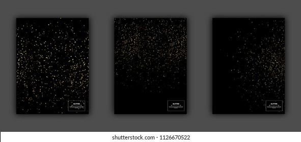 Gold Glitter Textures Set On Black Background, Vector Illustration. Confetti Particles Flying In The Air, Explosion Golden Fragments Party Invitation Concept.