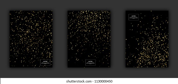 Gold glitter textures set on black background, vector illustration. Confetti particles flying in the air, explosion golden fragments party invitation concept.