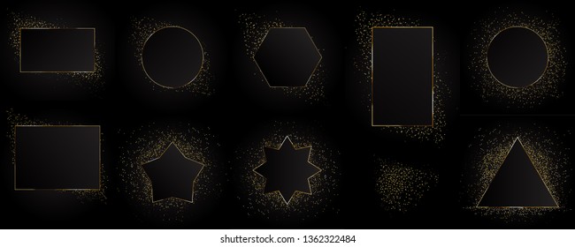 Gold glitter textures set on black background, vector illustration. Confetti particles flying in the air, explosion golden fragments party invitation concept.