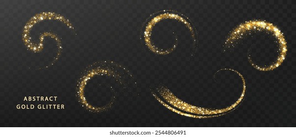 Goldglitzerspuren glitzernden Staub und schimmernde Partikel auf dunklem, transparentem Hintergrund. Glühender Wellenlinien-Effekt. Magische Staubteilchen