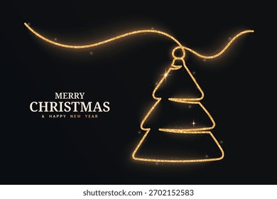 Gold glitter tree continuous line isolated on a black background. Christmas glowing tree with confetti. Vector illustration