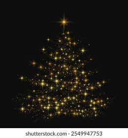 Gold glitter сhristmas tree. Vector light effect
