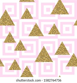 Gold glitter triangle confetti on geometric seamless pattern. Background of golden of triangles, vector shiny design for textile, wallpaper, wrapping paper.