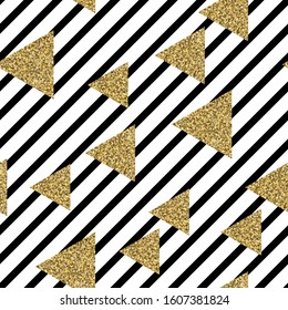 Gold glitter triangle confetti on geometric seamless pattern. Background of golden of triangles, vector shiny design for textile, wallpaper, wrapping paper.