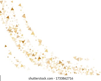 Gold glitter triangles confetti fashionable vector background. Triangle sparkles dust geometric birthday backdrop. Glowing gold confetti festive vector illustration. Falling golden glitter. 