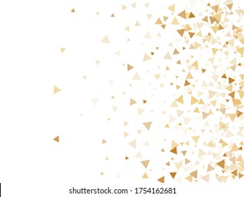 Gold glitter triangles confetti fashionable vector background. Triangle sparkles dust geometric New Year backdrop. Glowing gold confetti festive vector illustration. Abstract golden glitter. 