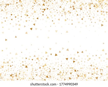 Gold glitter triangles confetti fashionable vector background. Triangle sparkles dust geometric christmas backdrop. Glowing gold confetti festive vector illustration. Magic golden glitter. 