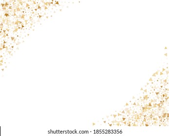 Gold glitter triangles confetti luxurious vector background. Triangle sparkles dust geometric New Year backdrop. Glowing gold confetti festive vector illustration. Abstract golden glitter. 