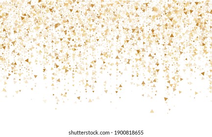 Gold glitter triangles confetti luxurious vector background. Triangle sparkles dust geometric birthday backdrop. Shiny gold confetti festive vector illustration. Flying golden glitter. 