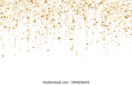 Gold glitter triangles confetti luxurious vector background. Triangle sparkles dust geometric birthday backdrop. Shiny gold confetti festive vector illustration. Bright golden glitter. 