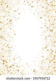 Gold glitter triangles confetti rich vector background. Triangle sparkles dust geometric birthday backdrop. Shiny gold confetti festive vector illustration. Elegant golden glitter. 
