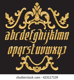 Gold glitter typeface. New modern gold gothic font. Gothic letters with decoration elements. Vector alphabet