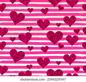 Gold glitter typography. Hand painted pink heart on a striped grunge background and dots pattern.Brush stroke background. Gold glitter vector. Perfect for valentines day prints,cards,flyer and more.