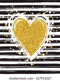 Gold glitter typography. Hand painted golden heart on a striped grunge background with dots.Brush stroke background.Gold glitter vector.