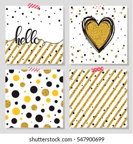 Gold glitter typography. Hello - Hand painted lettering,gold glitter heart, dots seamless pattern and gold glitter stripes.Gold glitter vector.Perfect for valentines day, prints,cards,flyer and more.