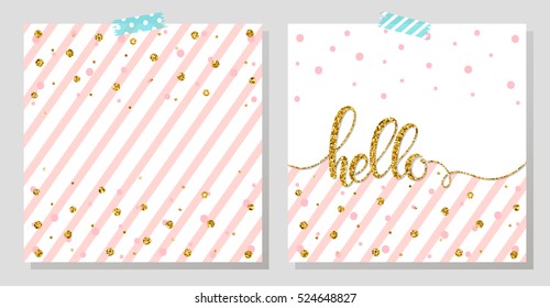 Gold glitter typography.Hello - Hand painted gold lettering on abstract background with gold dots and pink stripes.Beautiful template for cards,prints and so much more.Gold glitter vector.