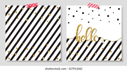Gold glitter typography.Hello - Hand painted gold lettering on abstract background with gold dots and stripes.Beautiful template for cards,prints and so much more.Gold glitter vector.