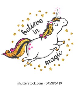 Gold glitter unicorn isolated on white background. Believe in magic. Vector illustration.