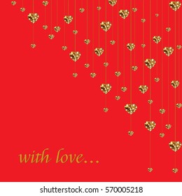 Gold glitter valentine hearts on red background. Luxury Elegant sparkle layout template design. Vector Illustration. Love concept. Cute wallpaper. Good idea for Wedding and Valentines day card