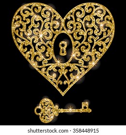 Gold glitter Valentine's Day heart and key