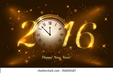 Gold glitter Vector 2016 Happy New Year background with gold clock