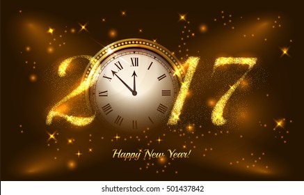 Gold glitter Vector 2017 Happy New Year background with gold clock. Golden Greeting Card with glitter gold letters. Number 2017 formed by glowing gold dust. Holiday design. Vector illustration. 