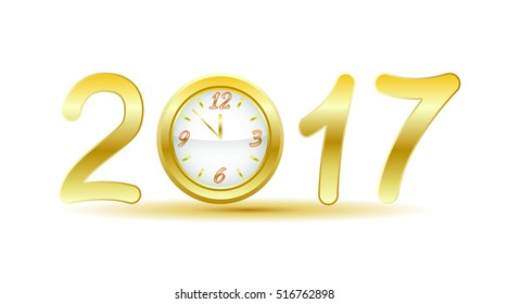 Gold glitter Vector 2017 Happy New Year background with gold clock. Golden Greeting Card with glitter gold letters. Number 2017 formed by glowing gold dust. Holiday design. Vector illustration.