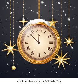 Gold glitter Vector 2017 Happy New Year background with gold clock and christmas decoration ornament with Christmas star. Card with glitter gold 2017 watch. Luxury Premium greeting card. Vector