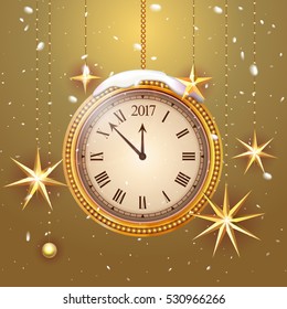 Gold glitter Vector 2017 Happy New Year background with gold clock and christmas decoration ornament with Christmas star. Card with glitter gold 2017 watch. Luxury Premium greeting card. Vector
