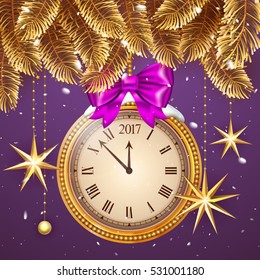 Gold glitter Vector 2017 Happy New Year background with gold clock and christmas decoration ornament with Christmas star. Card with glitter gold 2017 watch. Luxury Premium greeting card. Vector