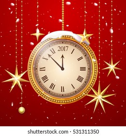 Gold glitter Vector 2017 Happy New Year background with gold clock and christmas decoration ornament with Christmas star. Card with glitter gold 2017 watch. Luxury Premium greeting card. Vector